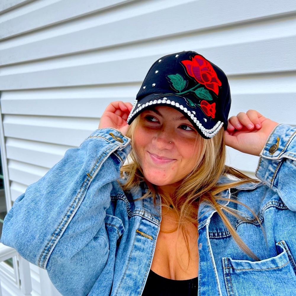 Woman's Floral Rhinestone Embellished Black Baseball Cap